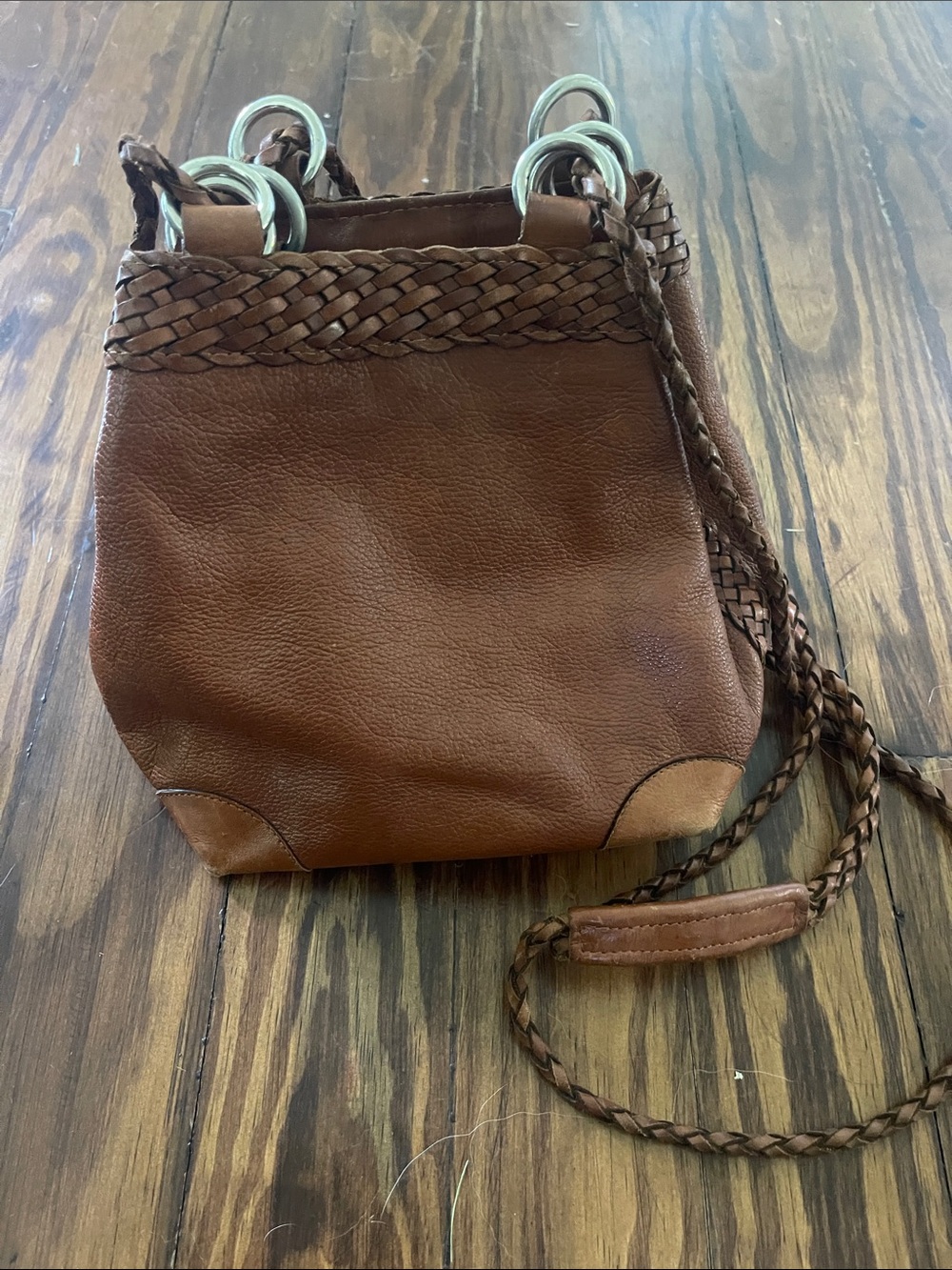 Vintage Brown Braided-Trim Crossbody Bag